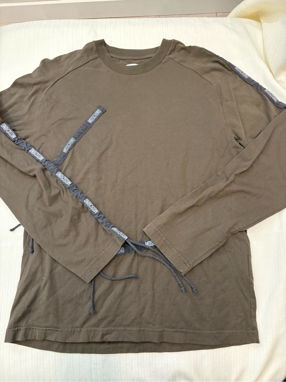Moschino Olive Green Long-Sleeve Tee with Branded Tape